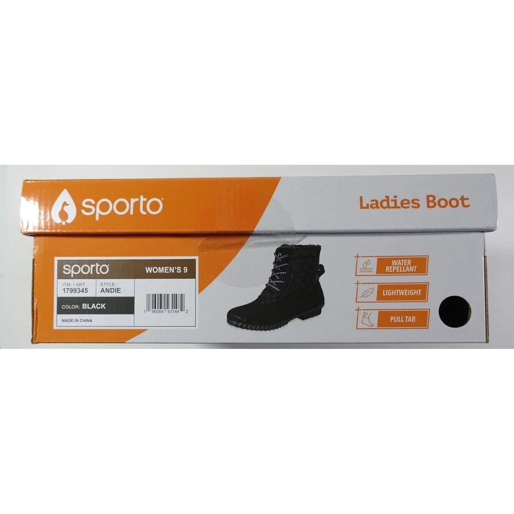 Sporto Andie Duck Boots Women 9 Black Water Repellant Lightweight Pull Tab